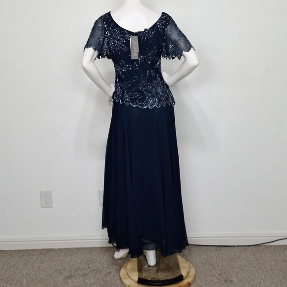J Kara "NEW" Blue Short Flutter Sleeve Romantic Beaded Long Maxi Dress Size 6 - Picture 9 of 12